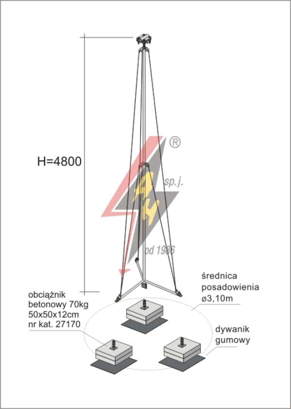 AH Hardt AH-28684 - Мачта молниеприемника, для воздуховода H=4800 mm, расстояние до 12 m, составная, тренога, утяжители 3x27170, (Ø 3,10 m) – 6,6 кг / 216,6 кг