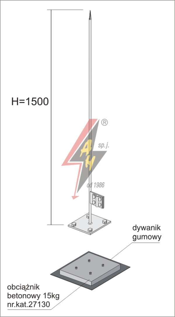 AH Hardt AH-27191 - Вольностоящая мачта, (горячего оцинкования) H=1500 mm, цельная, утяжитель 27130, (Ø 0,50 m) – 1,6 кг / 16,6 кг
