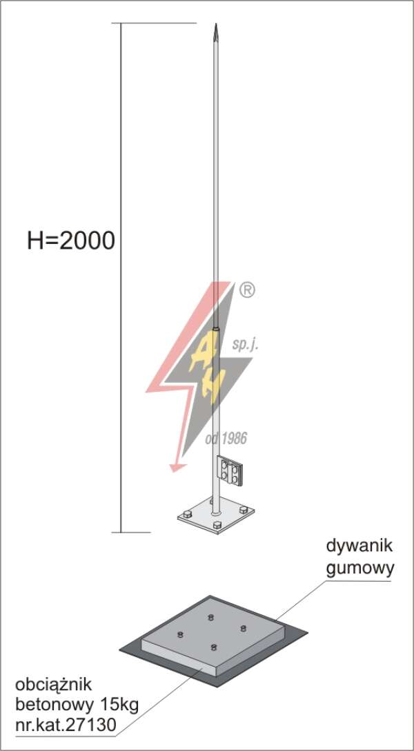AH Hardt AH-27201 - Вольностоящая мачта, (горячего оцинкования) H=2000 mm, цельная, утяжитель 27130, (Ø 0,50 m) – 2,2 кг / 17,2 кг