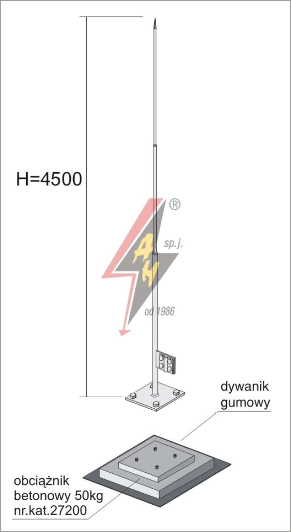 AH Hardt AH-27611 - Вольностоящая мачта, (горячего оцинкования) H=4500 mm, цельная, утяжитель 27200, (Ø 0,71 m) – 7,3 кг / 57,3 кг
