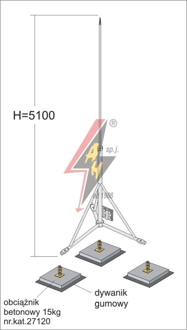 AH Hardt AH-27251 - Вольностоящая мачта, стальная (горячего оцинкования) H=5100 mm, составная, тренога, утяжители 3x27120, (Ø 1,65 m) – 11,7 кг / 56,7 кг