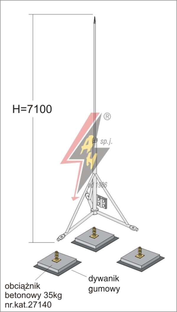 AH Hardt AH-27271 - Вольностоящая мачта, стальная (горячего оцинкования) H=7100 mm, составная, тренога, утяжители 3x27140, (Ø 1,90 m) – 18,0 кг / 123,0 кг