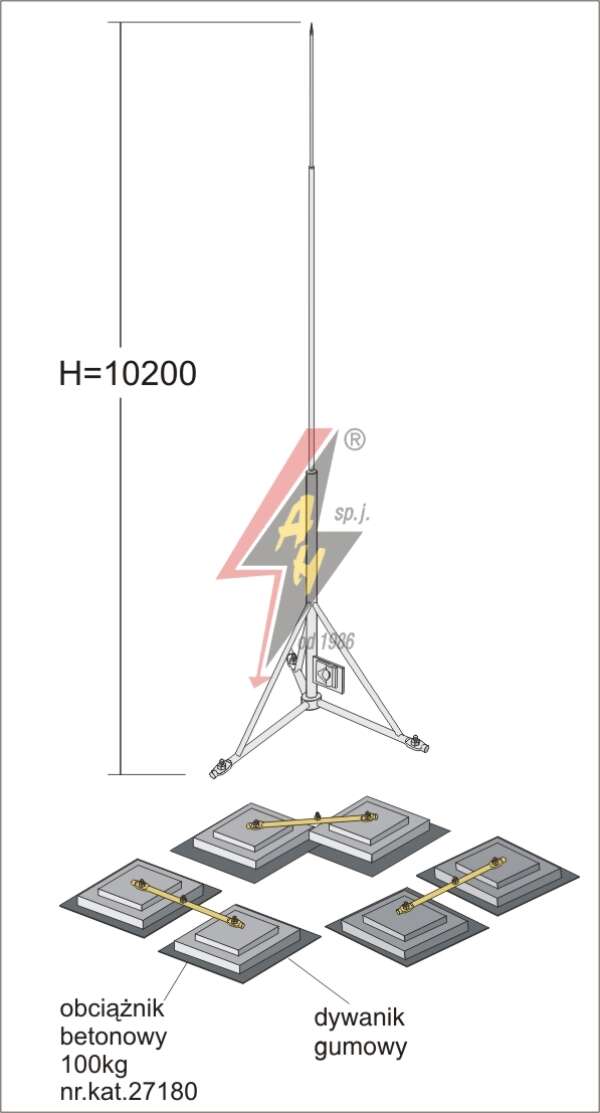 AH Hardt AH-27361 - Вольностоящая мачта, стальная (горячего оцинкования) H=10200 mm, составная, тренога, утяжитель 3x27180, (Ø 2,20 m) – 30,0 кг / 334,5 кг