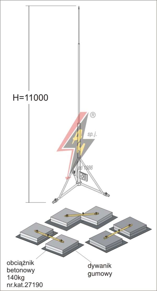 AH Hardt AH-27561 - Вольностоящая мачта, стальная (горячего оцинкования) H=11000 mm, составная, тренога, утяжитель 3x27190, (Ø 2,20 m) – 34,0 кг / 458,5 кг