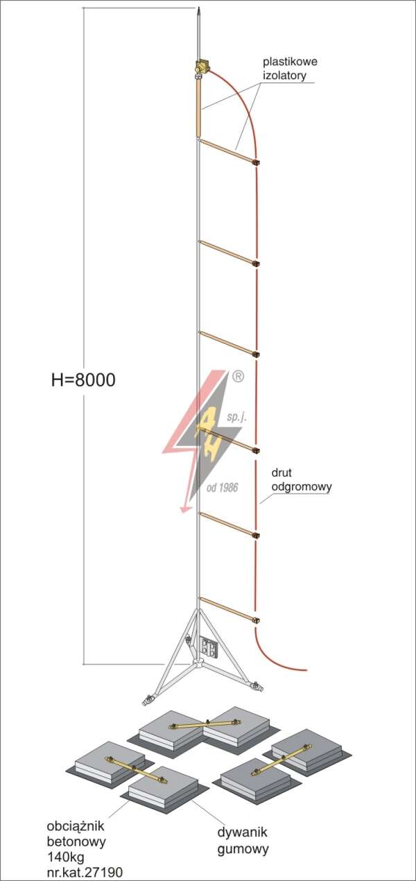 AH Hardt AH-28151 - Мачта горячего оцинкования, с изолированным громоотводом H=8000 mm, составной, тренога, утяжители 3x27190, (Ø 2,20 m) – 31,8 кг / 456,3 кг