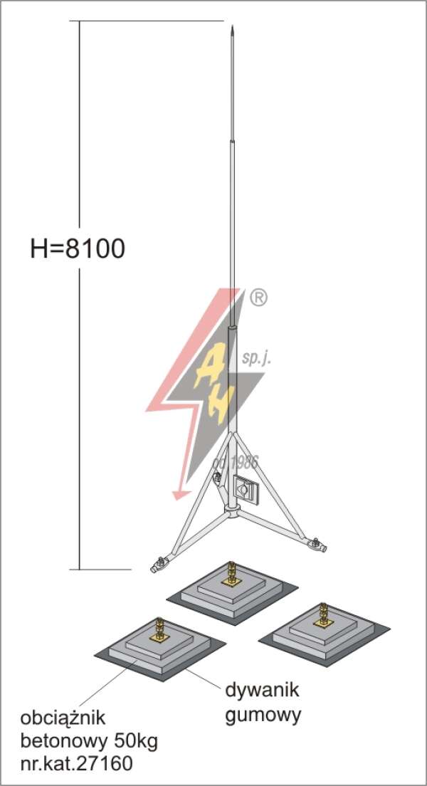 AH Hardt AH-27283 - Вольностоящая мачта, горячего оцинкования на треноге с укосинами H=8100 mm, составная, тренога, утяжители 3x27160, (Ø 1,90 m) – 23,0 кг / 173,0 кг