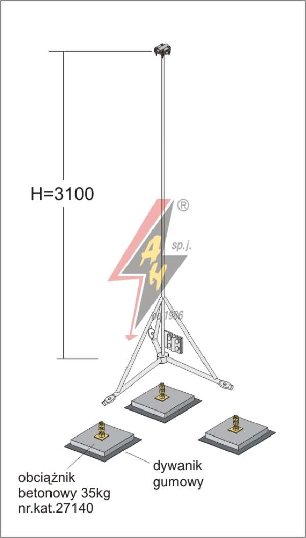 AH Hardt AH-28033 - Мачта, для вертикальных молниеуловителей из нерж. стали на подставке H=3100 mm, расстояние до 5 m, составная, тренога, утяжители 3x27140, (Ø 1,90 m) – 10,2 кг / 115,2 кг