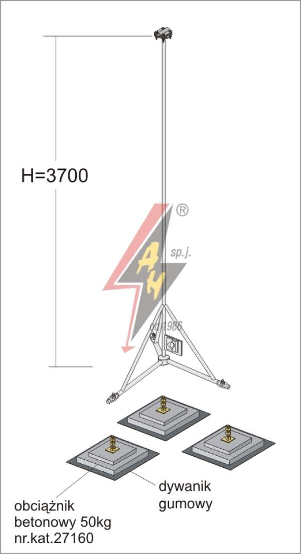 AH Hardt AH-28043 - Мачта, для вертикальных молниеуловителей из нерж. стали на подставке H=3700 mm, расстояние до 8 m, составная, тренога, утяжители 3x27160, (Ø 1,90 m) – 14,3 кг / 164,3 кг