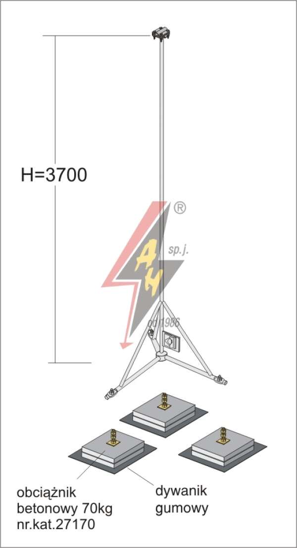 AH Hardt AH-28433 - Мачта, для вертикальных молниеуловителей из нерж. стали на подставке H=3700 mm, расстояние до 10 m, составная, тренога, утяжители 3x27170, (Ø 1,90 m) – 14,3 кг / 224,3 кг