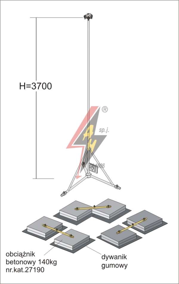 AH Hardt AH-28503 - Мачта, для вертикальных молниеуловителей из нерж. стали на подставке H=3700 mm, расстояние до 16 m, составная, тренога, утяжители 3x27190, (Ø 2,20 m) – 14,5 кг / 439 кг