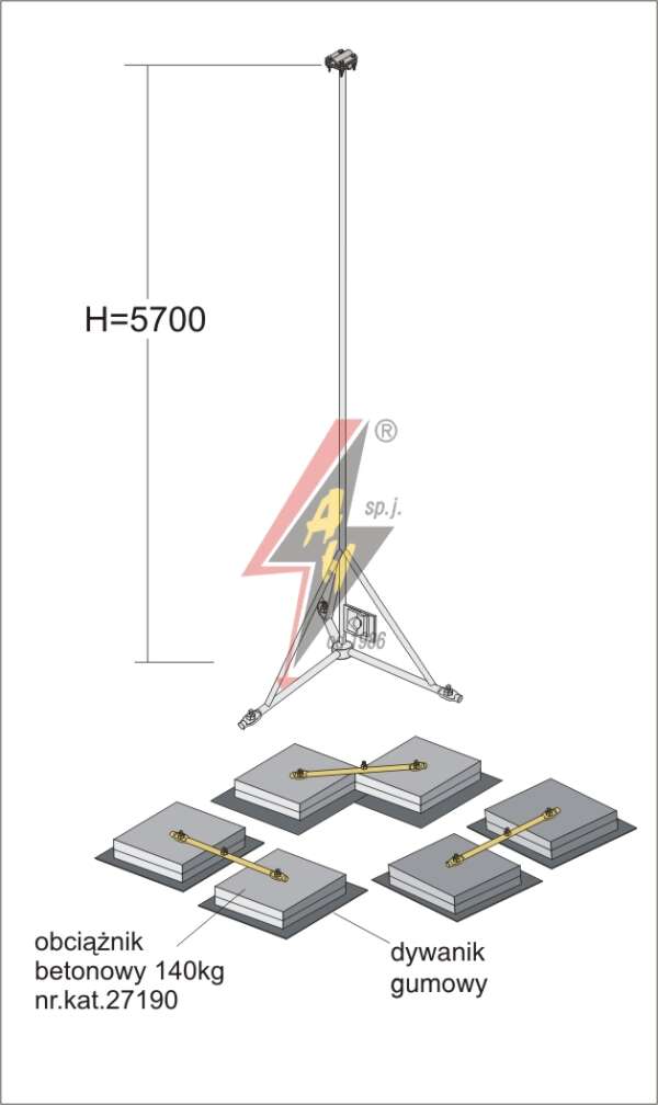 AH Hardt AH-28453 - Мачта, для вертикальных молниеуловителей из нерж. стали на подставке H=5700 mm, расстояние до 10 m, составная, тренога, утяжители 3x27190, (Ø 2,20 m) – 21,1 кг / 445,6 кг