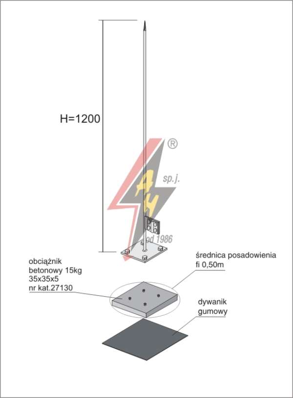 AH Hardt AH-27194 - Молниеотвод, алюминиевый H=1200 mm, цельная, утяжитель 27130, (Ø 0,50 m) – 0,6 кг / 15,6 кг