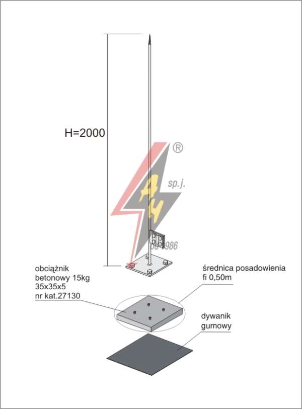 AH Hardt AH-27204 - Молниеотвод, алюминиевый H=2000 mm, цельная, утяжитель 27130, (Ø 0,50 m) – 0,8 кг / 15,8 кг