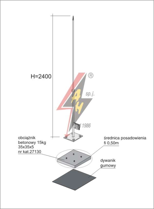 AH Hardt AH-27574 - Молниеотвод, алюминиевый H=2400 mm, составная, утяжитель 27130, (Ø 0,50 m) – 1,0 кг / 16,0 кг