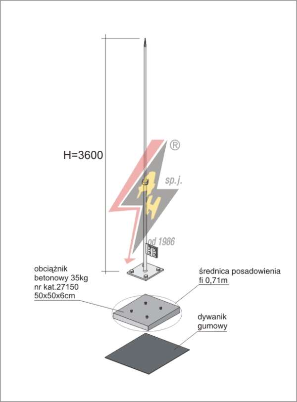 AH Hardt AH-27584 - Молниеотвод, алюминиевый H=3600 mm, составная, утяжитель 27150, (Ø 0,71 m) – 2,2 кг / 37,2 кг