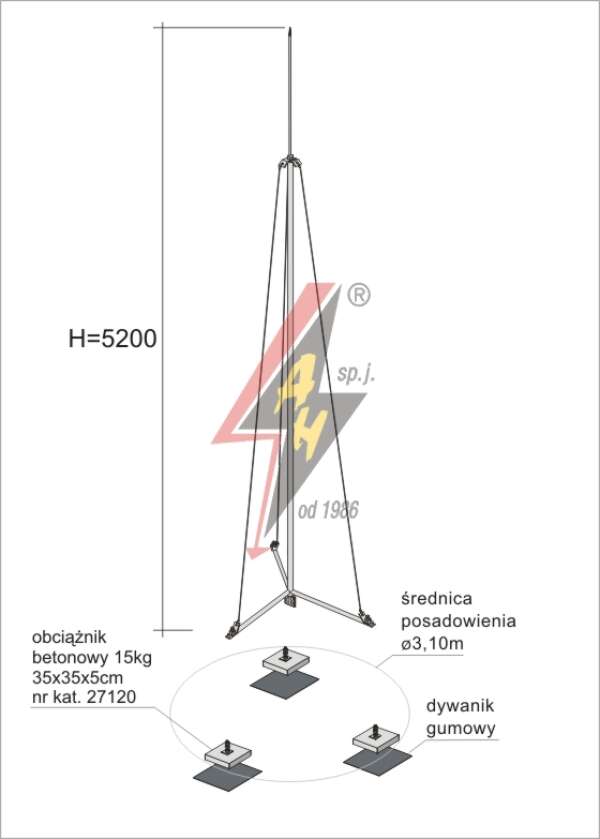 AH Hardt AH-27264 - Молниеотвод, алюминиевый H=5200 mm, составная, тренога, утяжители 3x27120, (Ø 3,00 m) – 4,0 кг / 49,0 кг
