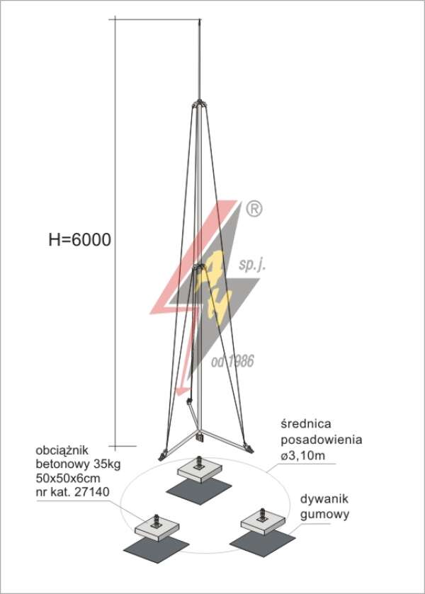 AH Hardt AH-27274 - Молниеотвод, алюминиевый H=6000 mm, составная, тренога, утяжители 3x27140, (Ø 3,10 m) – 4,2 кг / 109,2 кг
