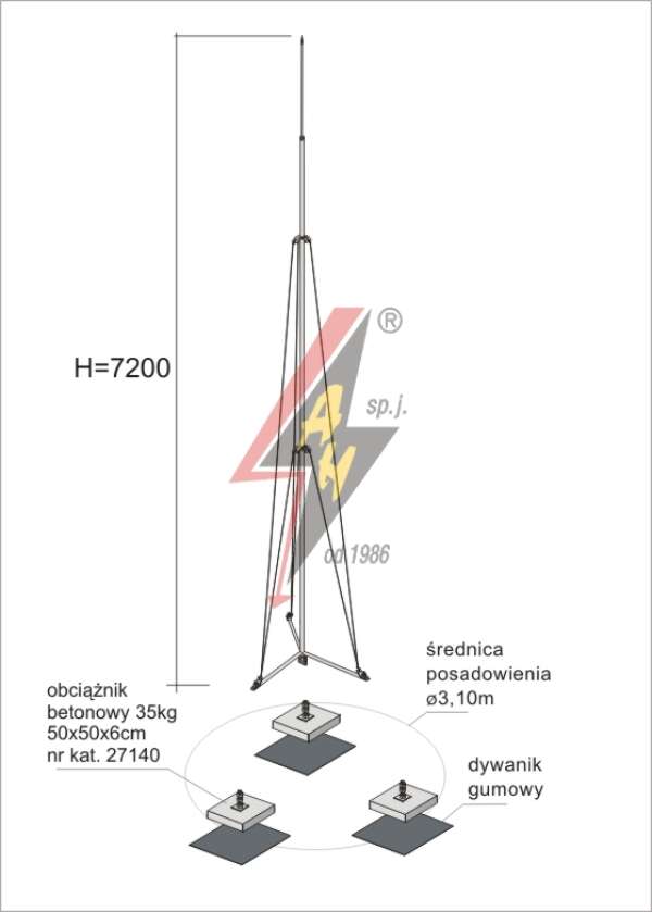 AH Hardt AH-27374 - Молниеотвод, алюминиевый H=7200 mm, составная, тренога, утяжители 3x27140, (Ø 3,10 m) – 6,0 кг / 111,0 кг