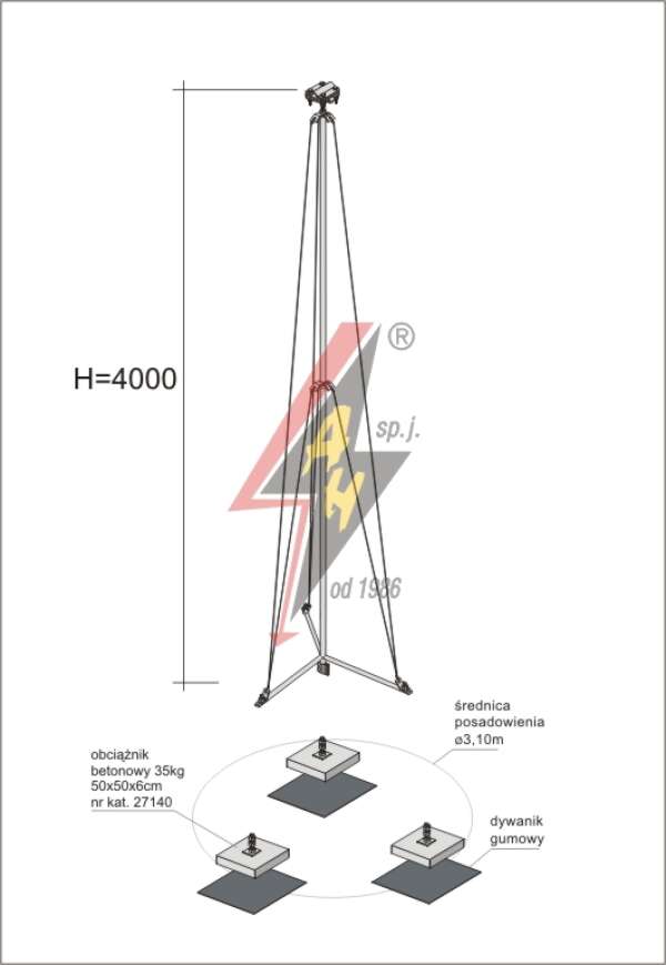 AH Hardt AH-28644 - Мачта молниеприемника, для воздуховода H=4000 mm, расстояние до 8 m, составная, тренога, утяжители 3x27140, (Ø 3,10 m) – 5,8 кг / 110,8 кг