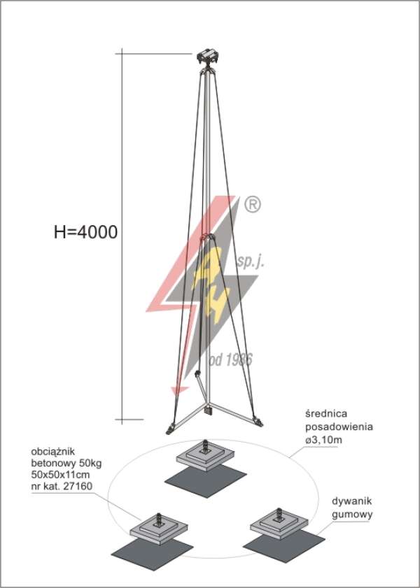 AH Hardt AH-28654 - Мачта молниеприемника, для воздуховода H=4000 mm, расстояние до 10 m, составная, тренога, утяжители 3x27160 (Ø 3,10 m) – 5,8 кг / 155,8 кг