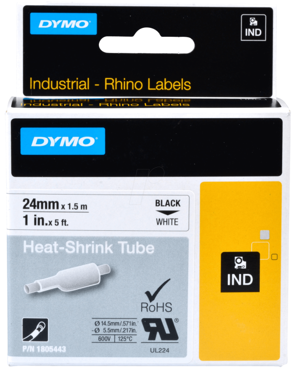 DYMO Rhino 1805443 - картридж с термоусадочной трубкой (белая), 24 мм x 1,5 м (5 штук в упаковке)