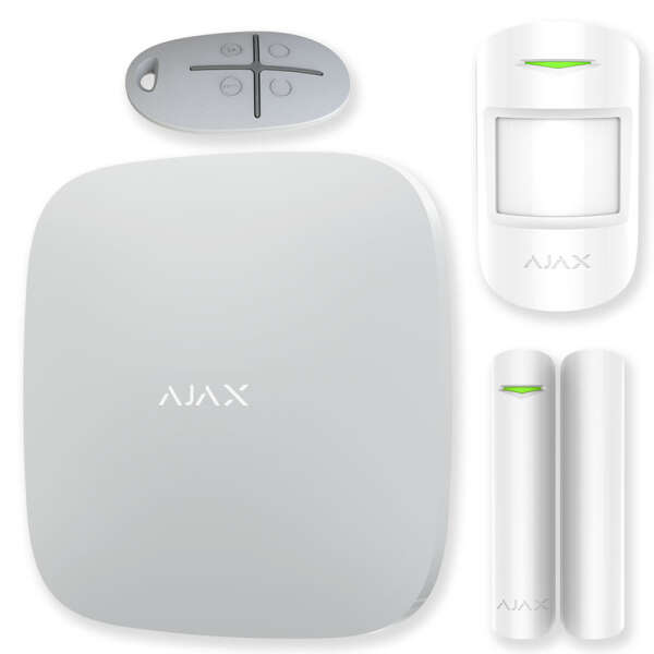 AJAX StarterKit - стартовый комплект GSM сигнализации AJAX. Интеллектуальная централь, датчик движения, датчик открытия, брелок управления. Цвет - белый