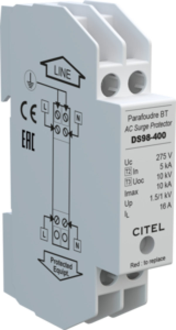 CITEL DS98-400 УЗИП Компактный 1-фазный, Тип 2 или 3, TN, UN230/UC275 Vac, Макс. линейный ток= 16А, In=5kA, Imax=10kA (сигнализация визуальная)