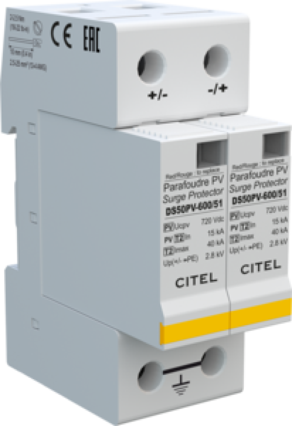 CITEL DS50PV-600 УЗИП тип 2 для ФЭ систем2х полюсный-In-20 кА , Imax-40ФЭ сеть Ucpv 680 VDC(сигнализация визуальная ) Конфигруация сборки только на варисторах MOV