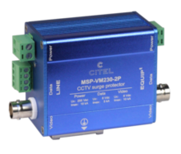 CITEL MSP-VM230-2P УЗИП для камер видеонаблюдения. Защита по Питанию(UN 230 В АС / UC 250В DC) передачи данных (2 пары сигнал 0-5 В) и видео сигнала (BNC разъем 100 Mhz)