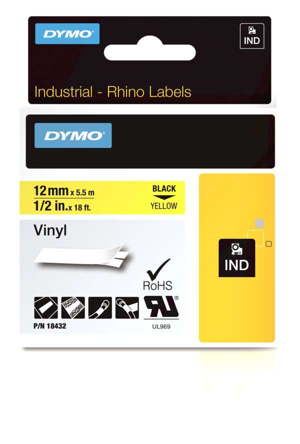 DYMO Rhino S0718450 (18432) - картридж с виниловой лентой (желтая), 12 мм x 5,5 м