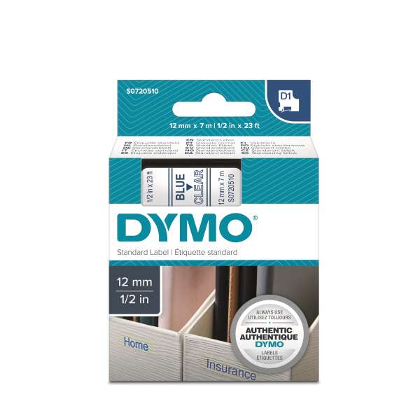 DYMO S0720510 - картридж D1 с лентой (прозрачная, шрифт голубой), 12 мм х 7 м