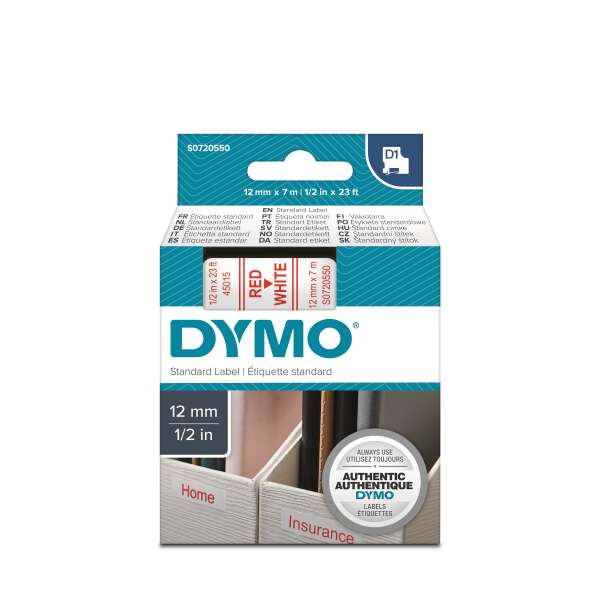 DYMO S0720550 - картридж D1 с лентой (белая, шрифт красный), 12 мм х 7 м