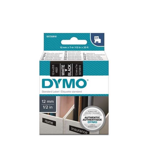 DYMO S0720610 - картридж D1 с лентой (черная, шрифт белый), 12 мм х 7 м