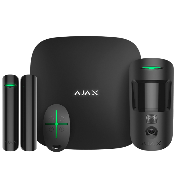 AJAX StarterKit Cam - стартовый комплект GSM сигнализации AJAX. Интеллектуальная централь HUB 2, датчик движения с фотоверификацией, датчик открытия, брелок управления. Цвет - черный