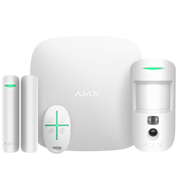 AJAX StarterKit Cam - стартовый комплект GSM сигнализации AJAX. Интеллектуальная централь HUB 2, датчик движения с фотоверификацией, датчик открытия, брелок управления. Цвет - белый