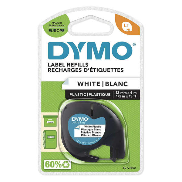 DYMO S0721660 — лента для LetraTag (белая), пластиковая, 12 мм х 4 м