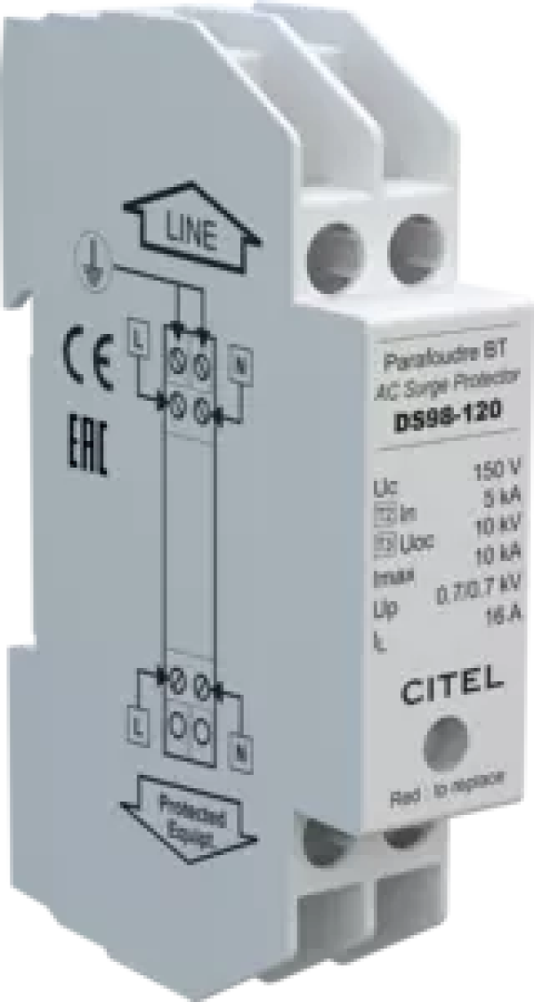 CITEL DS98S-120 УЗИП Компактный 1-фазный, Тип 2 или 3, UN120/UC150 Vac, Макс. линейный ток= 16А, In=5kA, Imax=10kA (сигнализация визуальная + дистанционная)