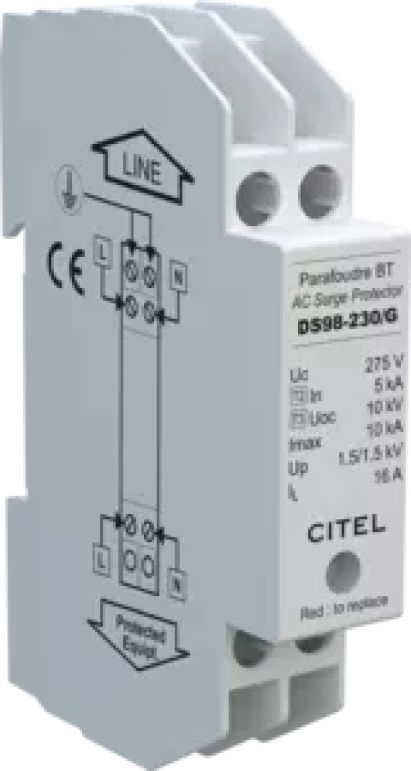 CITEL DS98S-230 УЗИП Компактный 1-фазный, Тип 2 или 3, UN230/UC275 Vac, Макс. линейный ток= 16А, In=5kA, Imax=10kA (сигнализация визуальная + дистанционная)