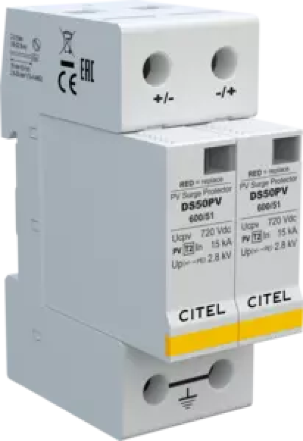 CITEL DS50PV- 600/51 УЗИП тип 2 для ФЭ систем2х полюсный-In-15 кА , Imax-40ФЭ сеть Ucpv 680 VDC (сигнализация визуальная + дистанционная) Конфигруация сборк