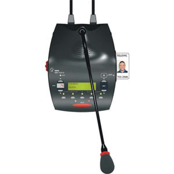 Микрофонный пульт делегата DMV2500 со встроенным громкоговорителем, с селектором каналов, с LCD дисплеем, с пятью кнопками для голосования , карт – ридером и встроенным микрофоном.