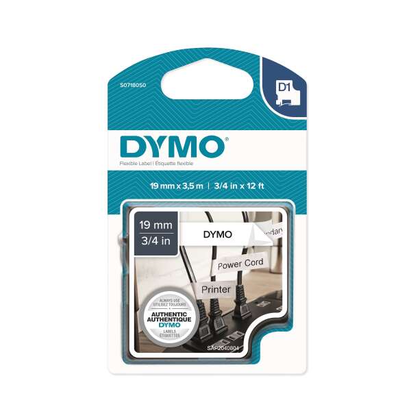 DYMO S0718050 - картридж D1 с нейлоновой лентой (белая, шрифт черный), 19 мм х 3,5 м (5 штук в упаковке)
