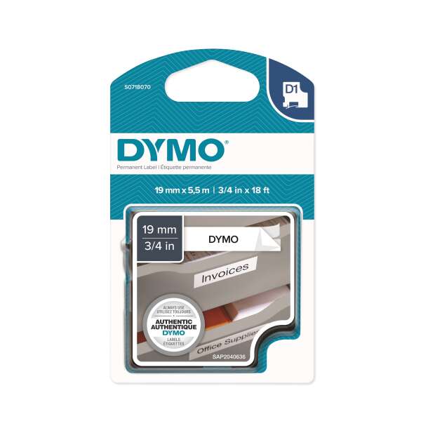 DYMO S0718070 - картридж D1 с пластиковой лентой с перманентным клеем (белая, шрифт черный), 19 мм х 5,5 м (5 штук в упаковке)