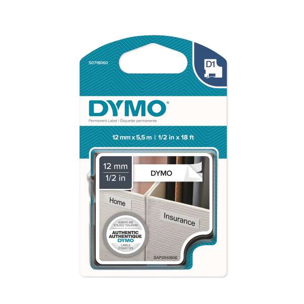 DYMO S0718060 - картридж D1 с пластиковой лентой с перманентным клеем (белая, шрифт черный), 12 мм х 5,5 м (5 штук в упаковке)