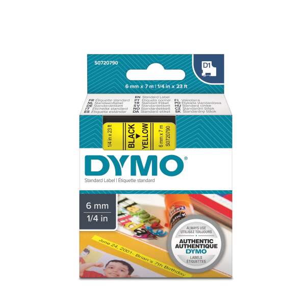 DYMO S0720790 - картридж D1 с лентой (желтая, шрифт черный), 6 мм х 7 м (5 штук в упаковке)