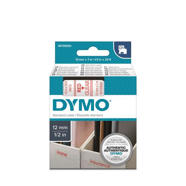 DYMO S0720520 - картридж D1 с лентой (прозрачная, шрифт красный), 12 мм х 7 м (5 штук в упаковке)