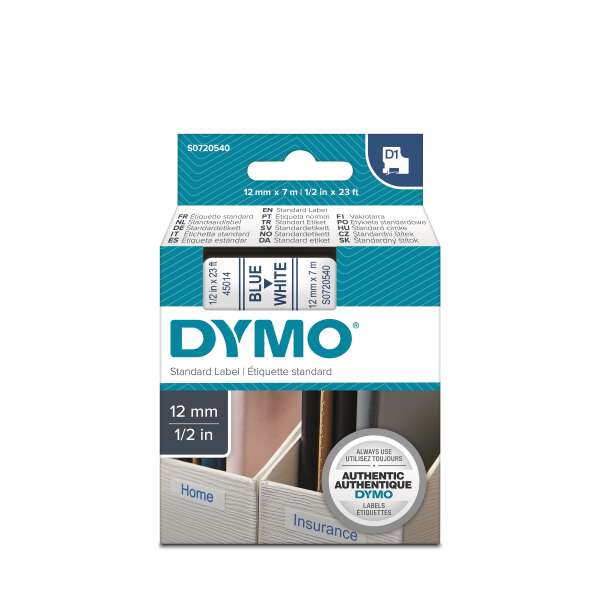 DYMO S0720540 - картридж D1 с лентой (белая, шрифт голубой), 12 мм х 7 м (5 штук в упаковке)