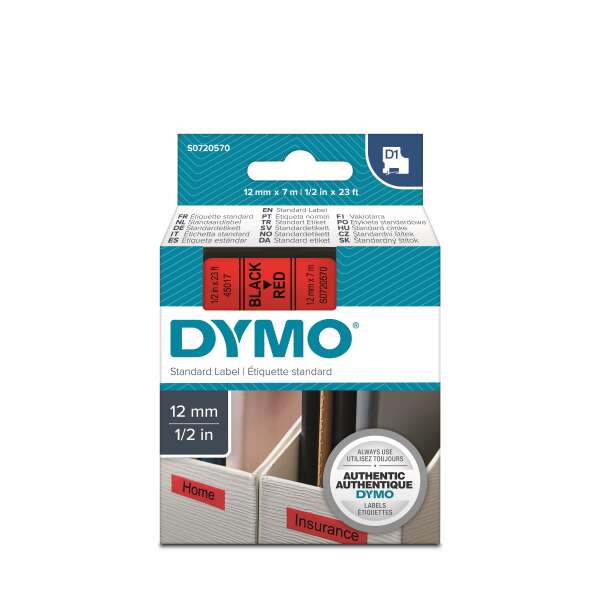 DYMO S0720570 - картридж D1 с лентой (красная, шрифт черный), 12 мм х 7 м (5 штук в упаковке)