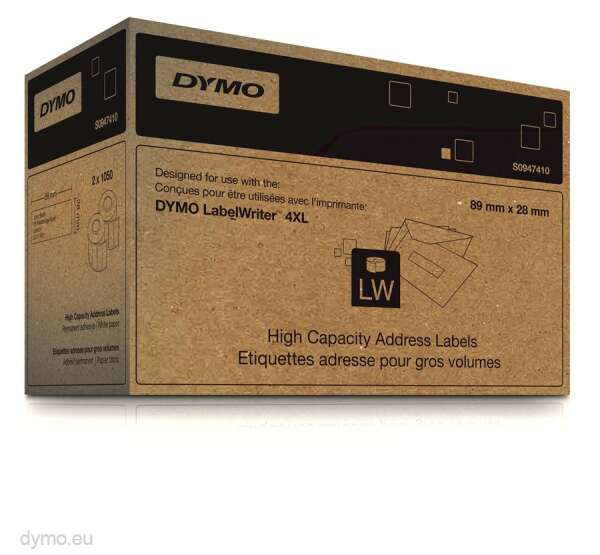 DYMO S0947410 - этикетки адресные для LabelWriter 4XL, 89х28 мм, 1050 шт/рул (2 рулона в упаковке)